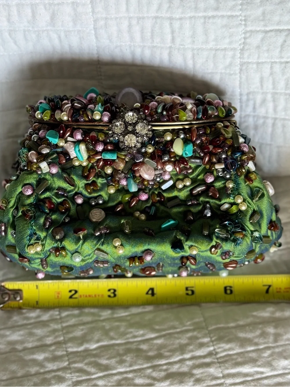 Vintage Mary Frances Beaded Green Embellished Evening Clutch with Chain